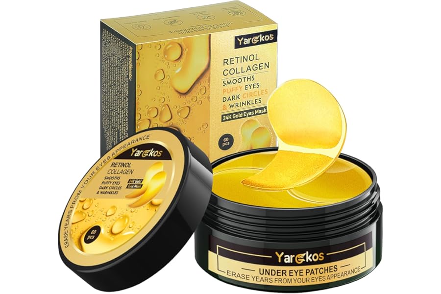 24K Gold Undereye Mask (60 Pcs), Collagen Hydrating Gel Pads, Reduce Puffiness, 30 Pairs Under Eye Patches for Dark Circles Puffy Eyes Treatment, Wrinkle, Women Men Beauty Personal Skin Care Products