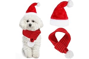 APAUSVCM Christmas Dog Santa Hat and Scarf Set, Adjustable Santa Hat for Dog Red Knit Scarf with White Pompom Ball Doggy Winter Warmer Hats Scarves Costume Set for Cats and Small Dogs(39cm/15.4in)