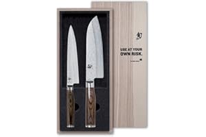 KAI Shun Premier Tim Mälzer Ensemble de 2 Couteaux de Cuisine Japonais - Santoku 18 cm + Couteau Utilitaire 16,5 cm - Acier Damas VG Max avec 32 Couches - 61 (±1) HRC - Manche en Pakkawood