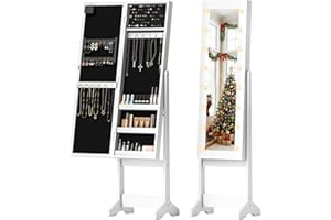 HOMCOM Freestanding Mirror Jewelry Cabinet with LED Lights, Jewellery Organiser with 3 Angle Adjustable, Full-Length Mirror with Storage for Earrings, Necklaces, Rings and Lipsticks, Warm White