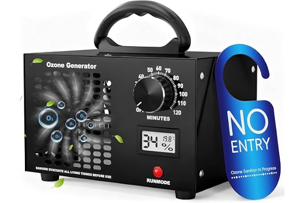 Ozongenerator 60 000 mg/h, O3 ozonapparat upp till 350 ㎡ med 120 min timer, temperatur- & fuktighetsdisplay, ozonistor luftrenare för bil, lägenhet, kök, hotell, husdjur, luktborttagning