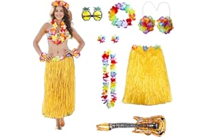 Marypaty Falda Hawaiana Niña 8 Piezas Disfraz Hawaiano Mujer con Guirnaldas de Flores Collar Diadema Gafas de Sol Guitarras hinchables Playa Favor de Partido Adultos
