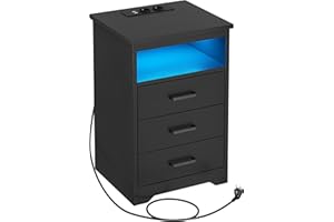 KIMENICH Comodino con Illuminazione a LED, Comodino con Stazione di Ricarica, Porte USB, 3 Cassetti, per Camera da Letto, Soggiorno, Nero