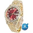 Halukakah Diamonds Gold Watch Iced Out, Men's 18K Real Gold/Platinum White Gold Plated 42MM Width Green/Blue/Red Dial Quartz Wristband 24cm with Cuban Link Chain 20+45cm Necklace Bracelet,Free Giftbox