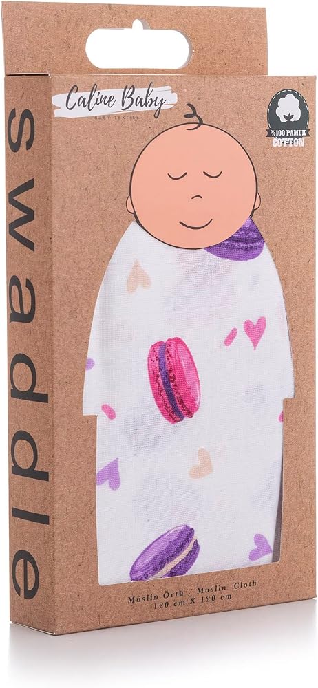 Caline Baby Müslin Bezi Örtü Makaron Desen - Mor 120x120 cm + 4 Adet Ağız Mendili