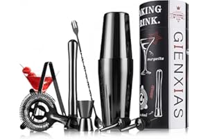 GIENXIAS Cocktail Set 9-teilig – Cocktail Shaker 750ml aus Edelstahl mit 2X Ausgießer, Barlöffel, Messbecher, Cocktailstampfer, Eiswürfelzange, Sieb & personalisierbarer Geschenkbox – Barkeeper Set (Schwarz)