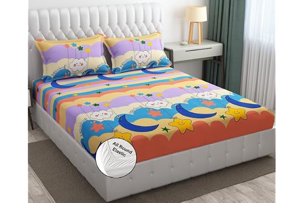 FRESH FROM LOOM Animal 300 TC Wrinkle Free Glace Cotton Elastic Fitted Bedsheet for Kids with Two Pillow Cover (Size - 78 x 72 Inches (Fits up to 8 Inch) Moon Gud Night), queen, gud night multi color
