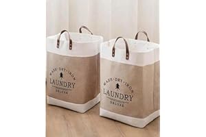 HealthyMoov panier à linge LAUNDRY deluxe poignées en cuir sac de rangement pliable pour vêtements et draps en LIN léger à transporter graphisme moderne 1 pièce