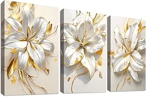 HALFLEMART 3Pcs Cadre en Bois Impression sur Toile Fleurs de Lys Blanc Doré Tableau Image sur Toile Étamines Dorées Fleurs Peinture Tableau Decoration Murale Salon Chambre Salle de Bain 50x70cm x 3pcs