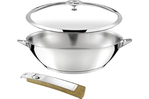 Cuisinox - Eclipse - Wok 28 cm tout inox - Fond encapsulé - Compatible tous feux dont induction - Acier Inoxydable 18/10 - Finition miroir - Poignée amovible effet bois