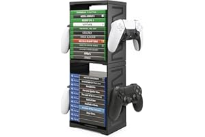 JF HOME BLISS Game Storage Tower Universal Vertical Stand Holds 24 Discs for PS5 Xbox Series X/S Switch PS4 Blu-Ray Double-Tier Organizer with Controller Hooks Space-Saving Design for Gamers
