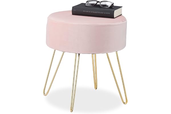 Relaxdays Sammetspall, rund, elegant stoppad pall, gyllene metallben, modern, sittpall sammet, H x D: 40 x 40 cm, rosa, 1 st