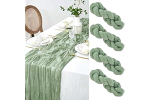 yosiio Tischläufer Grün, 4 Stück Tischläufer Salbeigrün, 90 x 300 cm Lang, Rustikaler Gaze Stoff Tischläufer, Tischläufer Boho für Traubogen Hochzeit Brautparty Geburtstag Party