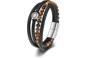 AllerPierce Mens Bracelet Gifts For Men, Black Braided Leather Bracelets for Men, Stainless Steel Clasp with Hematite Bead Bracelets Men’s Jewellery Gift for Boyfriend Husband Dad Brother Son