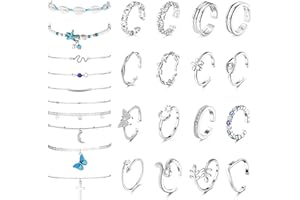 Adramata 26 Stück Fußkettchen für Damen Zehenringe Set Schmetterling Schlangen Fußkette Muschel Fußkettchen Blume Böser Blick Verstellbare Offene Zehenringe Silber Gold Strand Sommer Fußschmuck