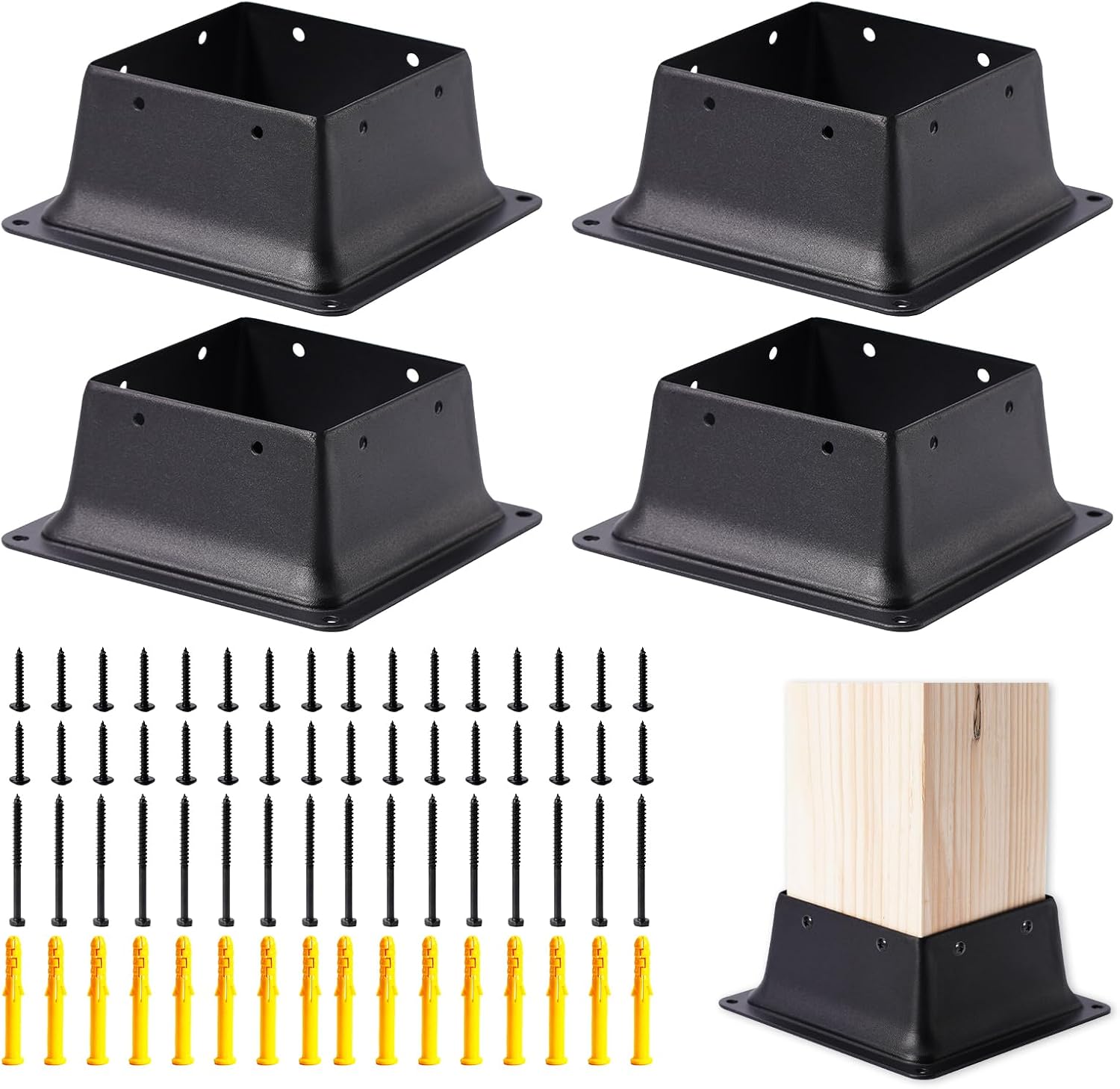 Vigtayue 4 x 4 Post Base Inner Size 4"x4"Deck Post Base Fence Post Anchor Black Powder-Coated Deck Post Base Fit 4"x4" Standard Wood Post Anchor for Deck Porch Handrail Railing Support (Black-4pcs)