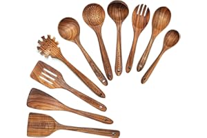 BOKALAKA Holzlöffel zum Kochen, Holz-Kochutensilien, 10-teiliges Küchenutensilien-Set, Holzutensilien zum Kochen, 100% natürliches Teakholz, Holzspatel zum Kochen