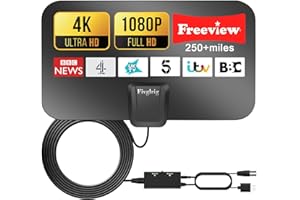 Fivglrig Upgraded TV Aerial - Digital TV Aerial Indoor for Freeview TV, Amplified Indoor TV Aerial with Booster 250+ Long Range Reception,TV Antenna Support 4K 1080P HDTV & 13 ft Coax Cable