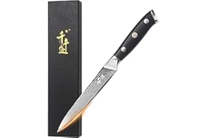 QIANFENGSHENG Couteau de cuisine Damas, couteau à légumes 14 cm VG10 en acier inoxydable Damas, lame forgée 67 couches, parfait pour éplucher, couper et parer