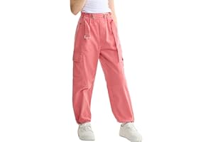 Rolanko Pantalon Cargo Fille avec Ceinture Réglable Taille Haute Élastiquée en Velours Côtelé Jogging Pantalon de Danse Hip Hop pour Enfants