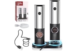 ZOYIDOUX Set di 2 Macina Sale e Pepe Elettrico con base di ricarica doppia USB,Macina Spezie Elettrico con Luce LED e Rugosità Regolabile, Spazzola,Cucchiaio Acciaio Inossidabile,Operato una mano