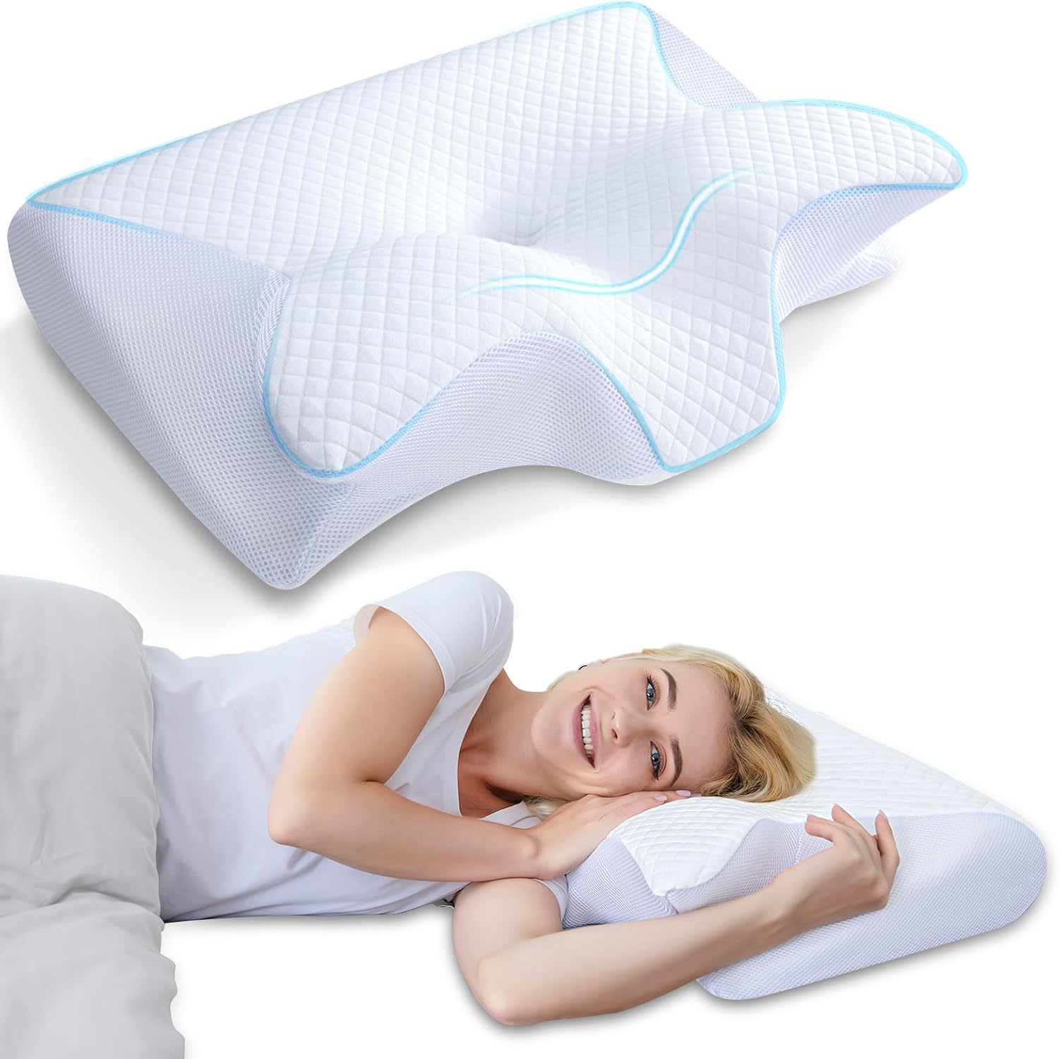 HOMCA Almohada Cervical, 2 en 1 Almohada Ergonómico Espuma de Memoria Almohada para Soporte de Cabeza/Cuello/Hombro, Relajación y Alivio del Estrés, 60x40x12/14cm