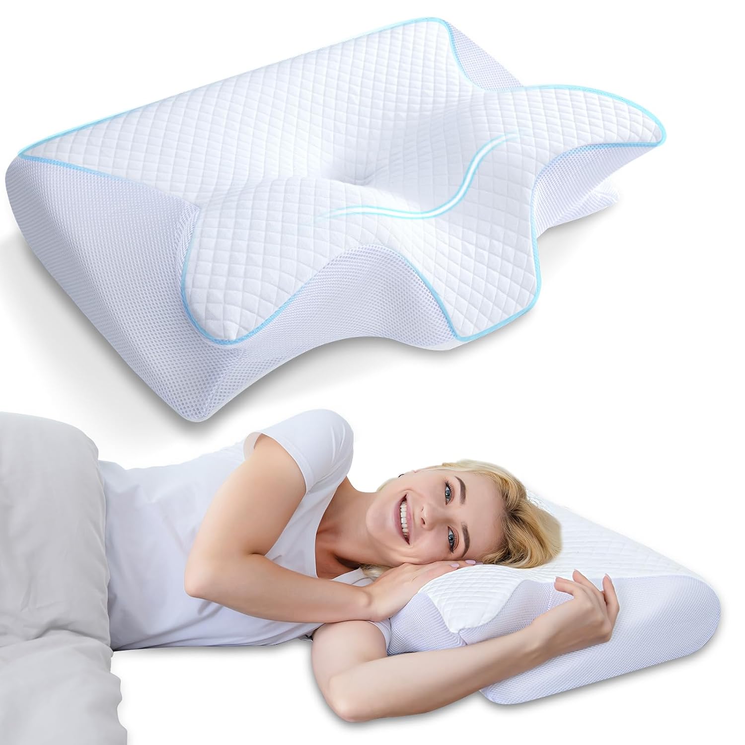 HOMCA Cuscino Cervicale 2 in 1 Memory Foam per Dormire,Bianco,60x40x12/14cm | Cuscino Ergonomico per Supporto al Collo, Federa Sfoderabile e Lavabile, Ideale per ogni Posizione del Sonno