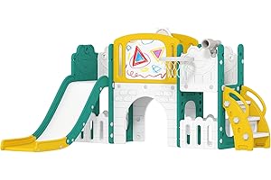 ‎AIYAPLAY AIYAPLAY Kinderrutsche mit Klettergerüst 7 in 1 Indoor und Outdoor Babyrutsche mit Basketballkorb, Tunnel, Spielteleskope, Stauraum, Reißbrett, Frosch-Motiv Spielplatz für Kleinkinder 1-3 Jahre, Gelb