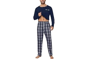 Litherday Pijama Hombre Algodón Invierno Manga Larga Conjunto de 2 Piezas con Pantalón Cuadros y Camiseta Cómoda Ropa Dormir Hombre,S-XXL