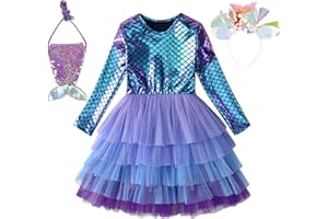 MEANJU Meerjungfrau Kostüm Mädchen,Meerjungfrau Prinzessin Arielle Kostüm Kleid Lange Ärmel mit Stirnbänder und Schulranzen,Arielle kostüm kinder für Halloween Karneval Cosplay Party