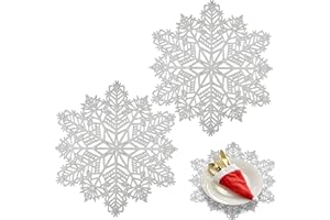 POPOYU 2 Pezzi Tovagliette Natale Fiocco Neve,38cm PVC Tovaglietta Argento Hollow,Fiocco Neve Tovaglietta Antiscivolo Lavabili per Natale,Matrimonio,Ristorante,Hotel Table Decorativo(A)