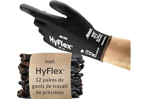 Ansell HyFlex 48-101 Gants de Travail Ultrafins, Nylon Extensible avec Enduction Polyuréthane, Protection Multiusage Haute Précision, Bricolage et Mécanique, Noir, Taille L (12 Paires)