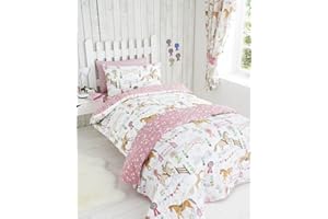 KAMPALA HILL Homespace Direct Equestrian Girl Kids Duvet Cover Set Horse Riding Reversible Easy Care Bedding Childrens Animal/Floral Bed Linen with Pillowcases -Double