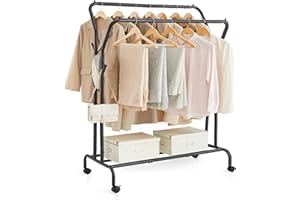 SONGMICS Portant à Vêtements avec roulettes, Double Barre, Porte-Manteau, en Acier, Charge 100 kg, Largeur de 103,5 cm, Rangement Polyvalent, Noir HSR107B01