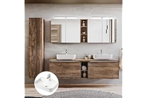 Lomadox Badmöbel Komplett Set Vintage Oak Eiche, 180cm Doppel Waschtischunterschrank, 2 Keramik Waschbecken, Regale, 2 LED-Spiegelschränke, Hochschrank