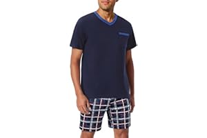 Litherday Męska pidżama, krótka piżama, bawełna, krótki rękaw, koszulka w kratkę, z kieszenią, spodnie piżamowe, dwuczęściowy zestaw, bielizna nocna dla mężczyzn