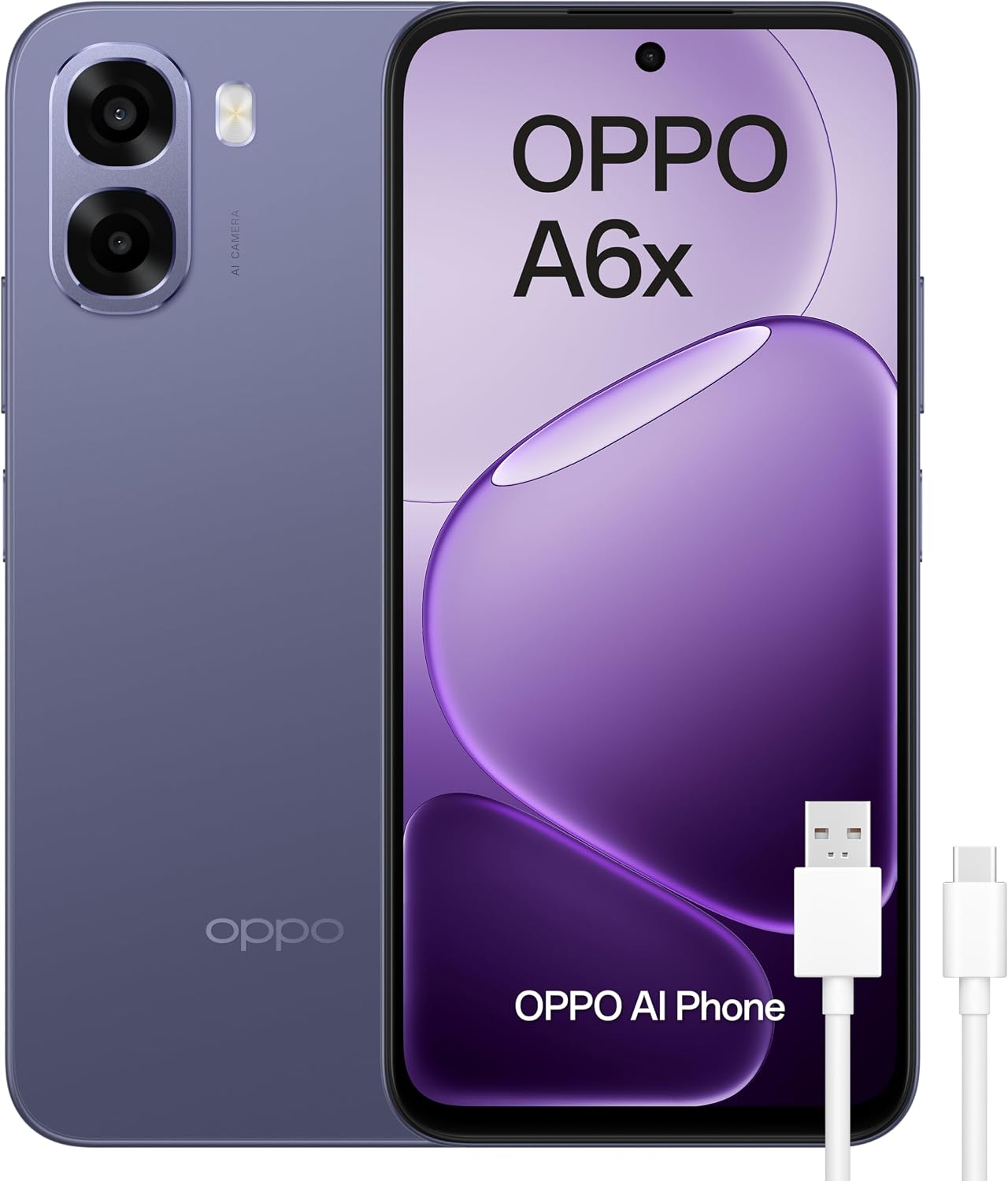 OPPO A6x 4G - Smartphone Libre con IA, 4GB RAM+128GB, Batería 6100 mAh, Pantalla LCD HD+ 120Hz, IP64, Cámara 13MP, Dual SIM, Versión Española - Morado