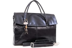 Catwalk Collection Handbags - Women's Leather 17 Inch Padded Laptop Bag - Ladies Large Briefcase Work Bag - With Cross Body Strap - Helena - Black