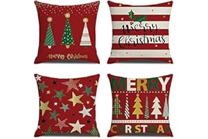Anbaituor Christmas Cushion Cover - 4 Pack Cotton Linen Red Decorative Christmas - Throw Pillow Case Cushion for Sofa Living Room Bed Couch Car Square Pillowcase, 18 by 18 (Xmas tree-Red)