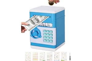 Birshe Huchas Electronicas,Hucha Infantil Hucha Cajero Automatico Mini Cajero Electrónico Caja para Ahorrar Dinero con Bonitas Pegatinas Juguetes Que Ahorran Dinero Regalos para Niños Niñas Celeste