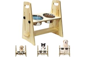 LOMHYVE Hundenapf Erhöhte Futternäpfe mit Ständer, Hundenapf katzennapf erhöht, Haustier höhenverstellbar Futternapf, Holz Haustierhaltbar Futterbar Futterstation Hund mit 2x620ml Edelstahlnäpfen