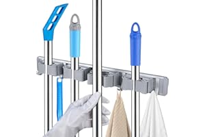 Vicloon Uchwyt na miotłę ścienny, Uchwyt na miotłę ścienną z 4 szczelinami i 5 haczykami, Uchwyt na miotłę uchwyt ścienny do kuchni, łazienki, garażu, ogrodu