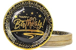 DHAIQC 50 Pezzi Piatti Carta Compleanno 23cm, Oro Nero Stoviglie per Feste Di Compleanno Piatti Usa e Getta Piatti pizza Piatti Compostabili per Feste di Compleanno e Matrimonio (Compleanno Nero, 23cm)