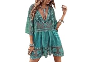 MZSYLK Womens Beach Dresses Crochet Lace Bikini Cover Up See Through Hollow Out Floral Beachwear 3/4 Sleeve