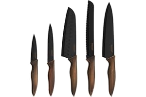 hecef Couteaux de Cuisine Professionnels, Set Couteaux 5 PCS avec Housses de Protection, Couteau de Chef avec Lame Enduite Antiadhésive Noire et Manche Ergonomique - Série Rétro