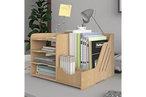 PUNCIA Organisateur de Bureau Multifonctionel Boîte de Rangement Bureau Étagère de Stockage et Porte-Documents Compartiment de Rangement en Bois pour Bureau Maison et École(4 Niveaux)