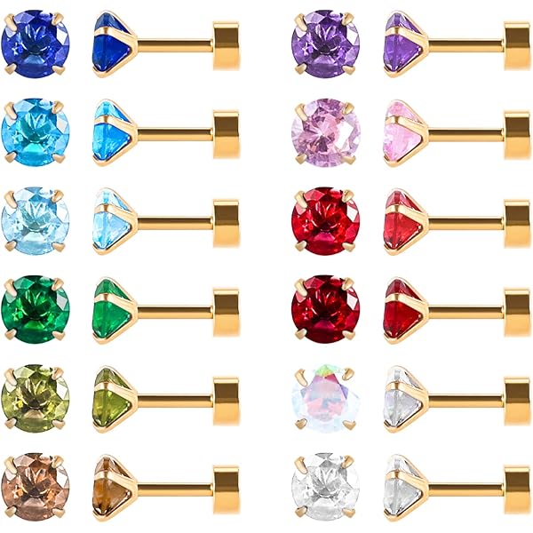 Lot De 12 Paires De Clous D'oreilles En Acier Inoxydable ZKGYUS – Zircon Coloré, Plats, Hypoallergéniques Pour Femmes Et Hommes