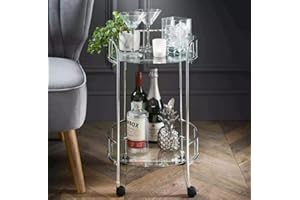 WoW HomeStore Silver Drinks Trolley with Two Glass Shelves | Mini Bar | Cart Drinks Table With Wheels
