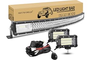 SKYWORLD 52 inch 675W Curved LED Light Bar with 2 Pcs 5 inch 135W Flood Led Pods Driving Lights and 12V Wiring Harness Kit 2 Leads for 4x4 Car Off Road Trucks SUV, 6000K Fog Lamp