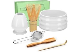 Geebuzz Matcha Whisk Set - Matcha Bowl and Bamboo Matcha Whisk, Scoop, Spoon, Sifter, Whisk Holder, 6pcs Perfect Matcha Starter Kit for Matcha Tea Ceremony (White)